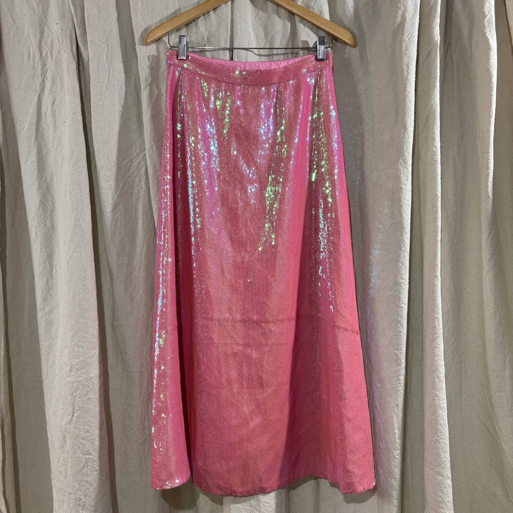 Pink Iridescent Sequin Maxi Skirt Holographic Mermaidcore High Waist Pink Small - Picture 2 of 5